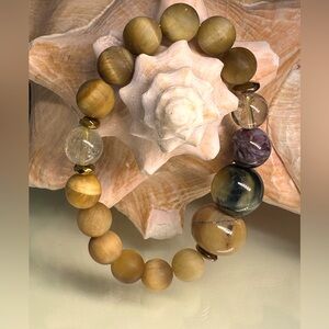 YELLOW TIGERS EYE + PIETERSITE + GOLD RUTILATED NATURAL STONES BRACELET size 7”